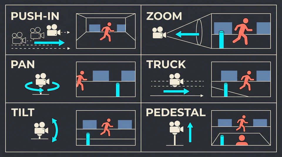 A six-panel diagram compares push-in with zoom, pan with truck, and tilt with pedestal camera directions.